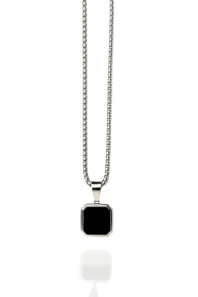 Minimalist Silver & Black Onyx Geometric Pendant Necklace