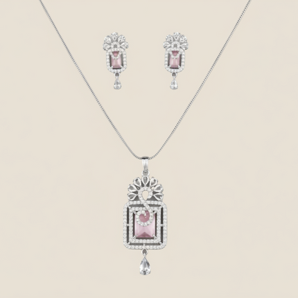 Luxury Pink Stone Jewelry Set - Elegant Rose Quartz Pendant