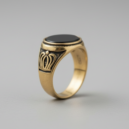 Antique Gold Finish Oval Black Stone ring with crown design