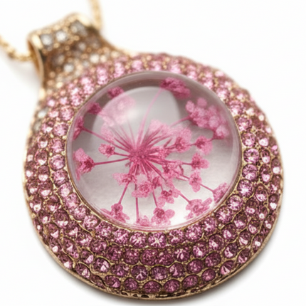 Pressed Flower Necklace - Rose Bloom Medallion in Gold
