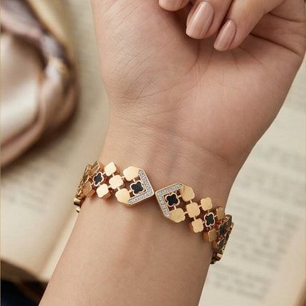 Luxurious Gold Crystal & Black Quatrefoil Statement Bangle