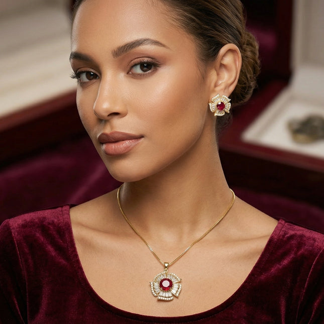 Ruby Bloom Crystal Jewelry Set Gold Plated Floral Pendant & Earrings